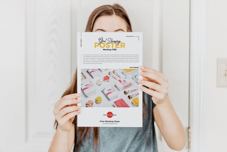 Free Girl Showing Poster Mockup PSD