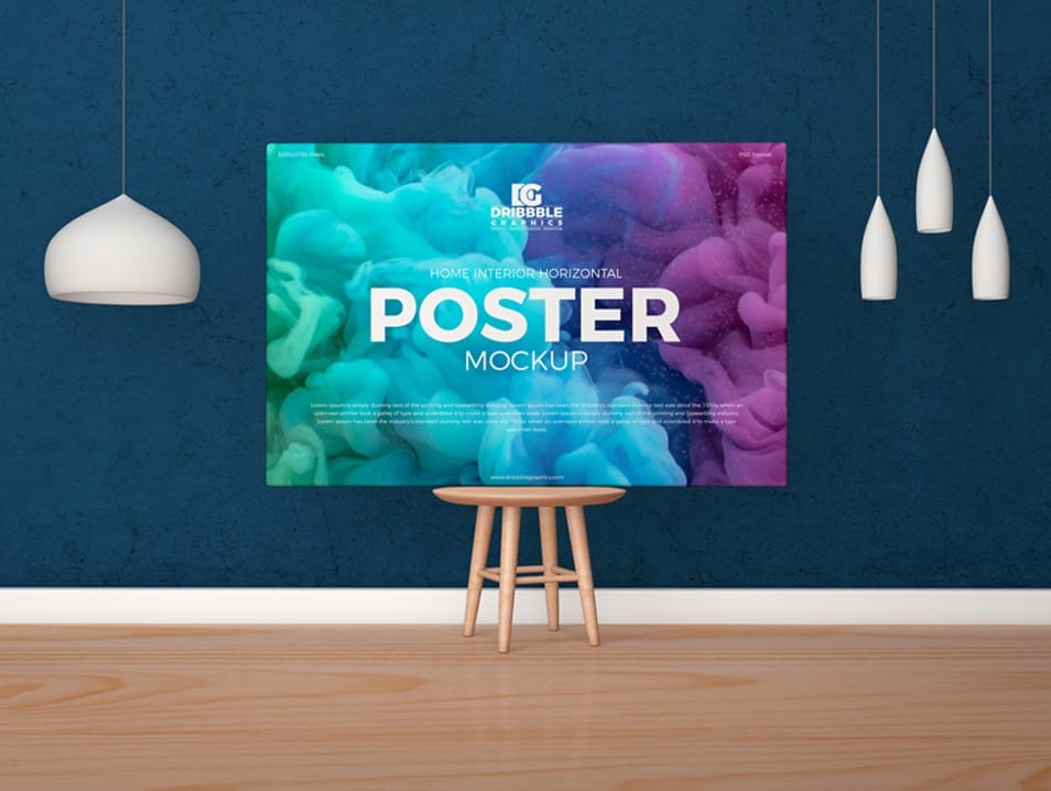 Free Horizontal Poster Canvas Mockup on Wooden Chair
