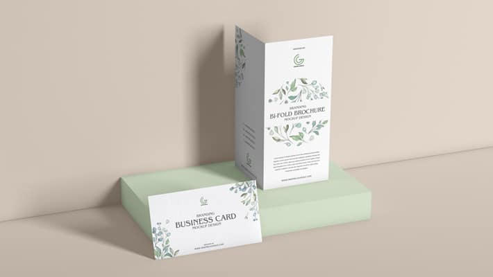 Free PSD Bi-Fold Brochure With Business Card Mockup Design