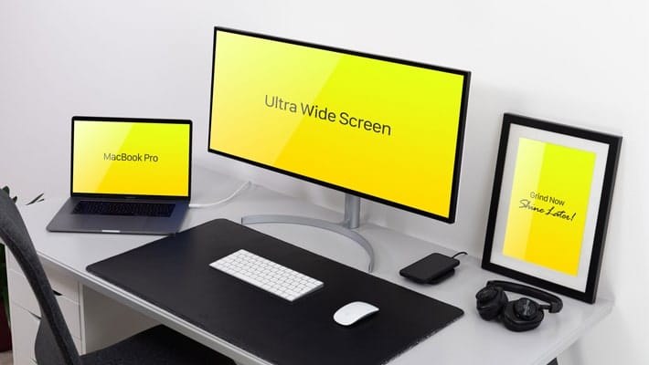 Free Ultra Wide Screen Monitor, MacBook Pro & Frame Mockup PSD