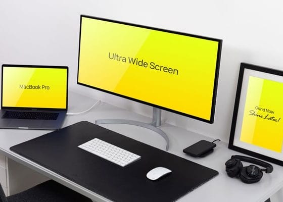 Free Ultra Wide Screen Monitor, MacBook Pro & Frame Mockup PSD