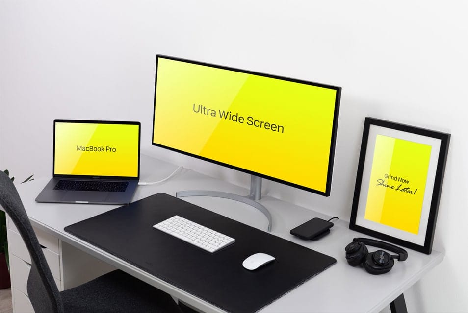 Free Ultra Wide Screen Monitor, MacBook Pro & Frame Mockup PSD