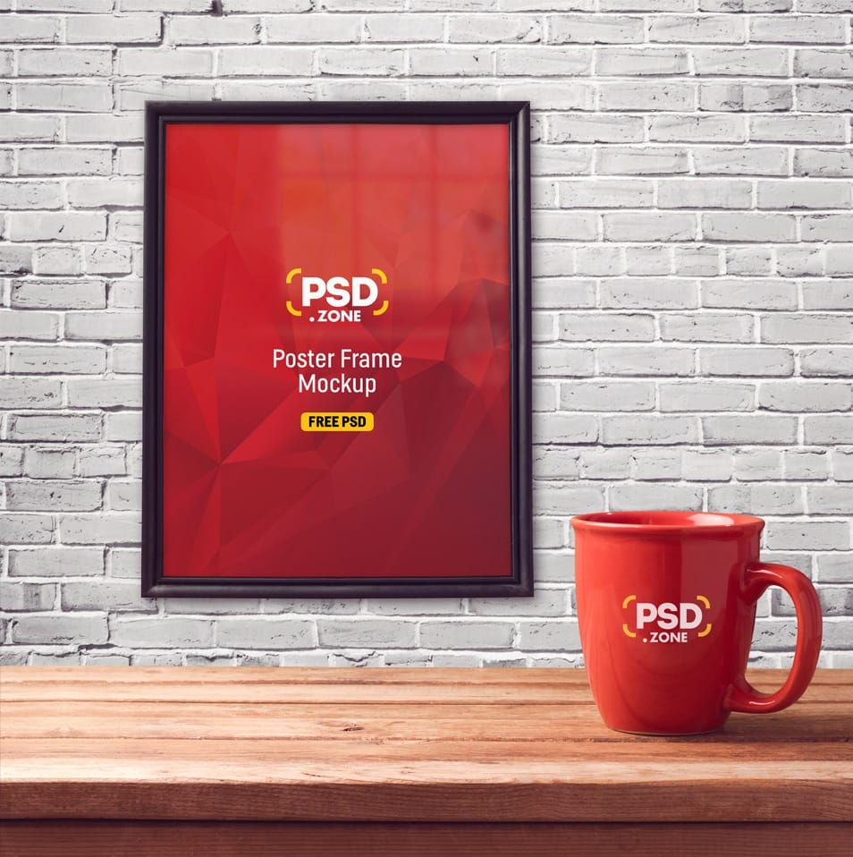 Poster Frame with Mug Mockup PSD