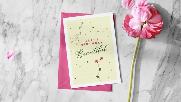Free Beautiful Happy Birthday Greeting Card Design & Envelope Mockup PSD