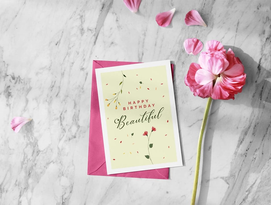 Free Beautiful Happy Birthday Greeting Card Design & Envelope Mockup PSD