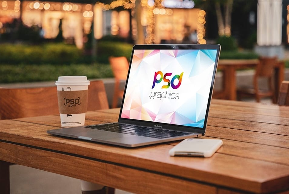 Macbook Pro with Coffee Cup Mockup
