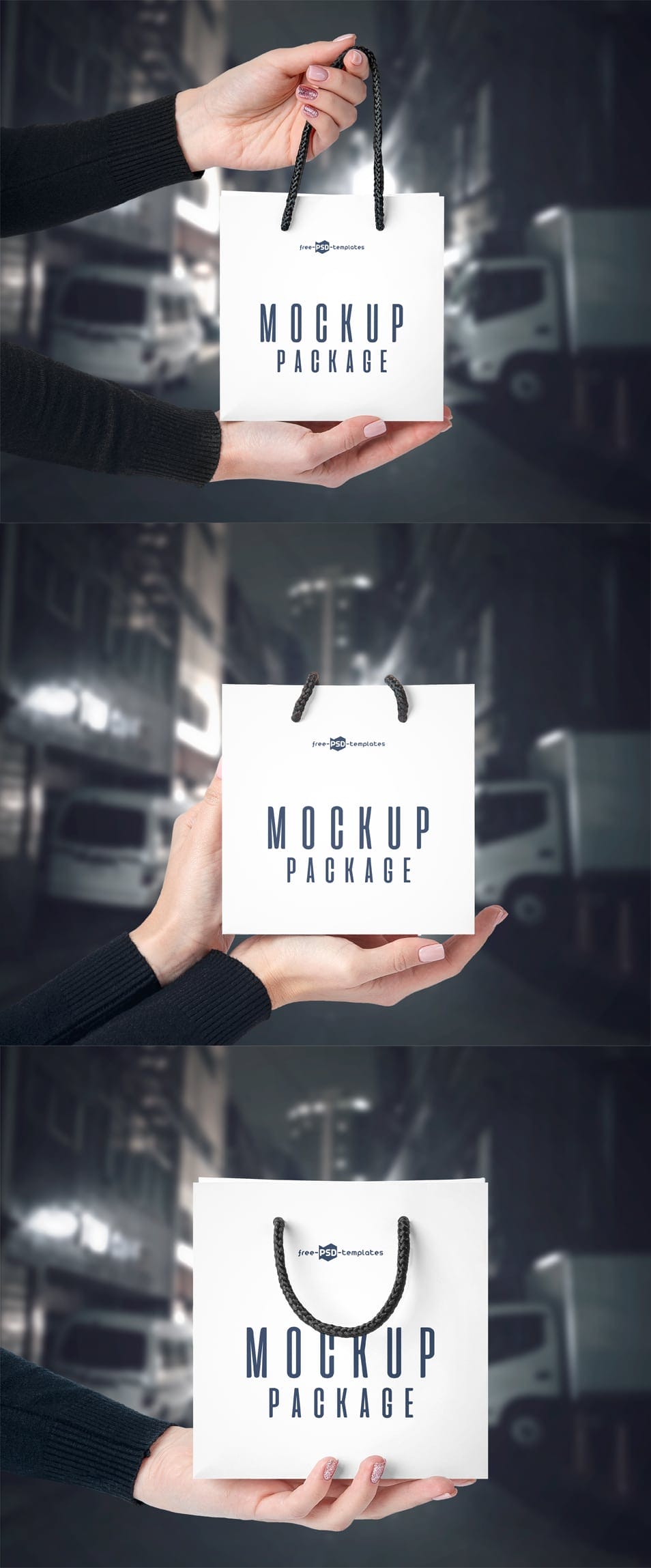 3 Little Bags in Hands Free PSD Mockup