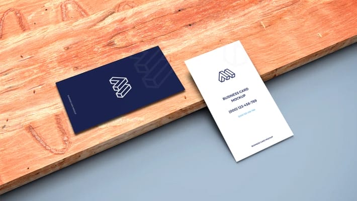 Business Cards on Wooden Plank Mockup