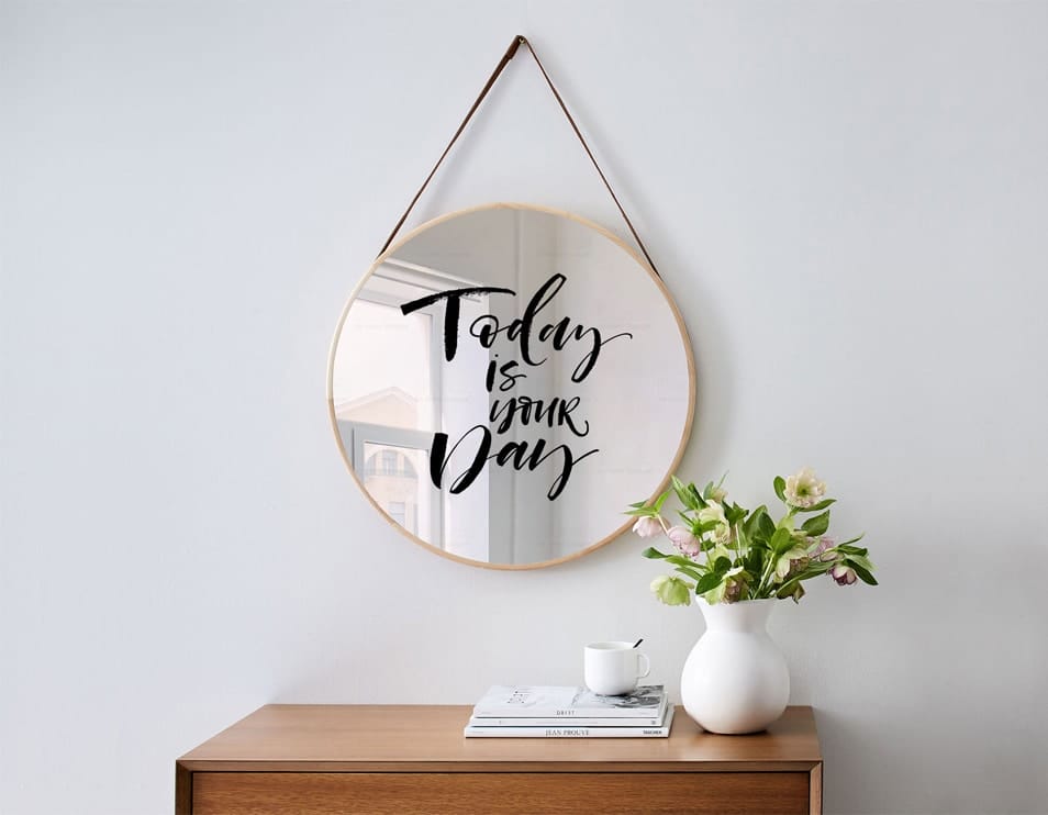 Free Hanging Mirror On Wall Mockup PSD