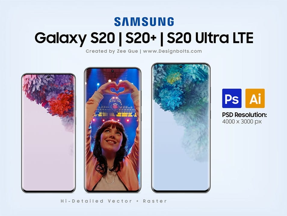 Free Samsung Galaxy S20 | S20+ | S20 Ultra 5G LTE Mockup PSD