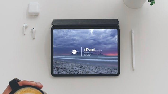Free Top View Coffee With iPad Mockup