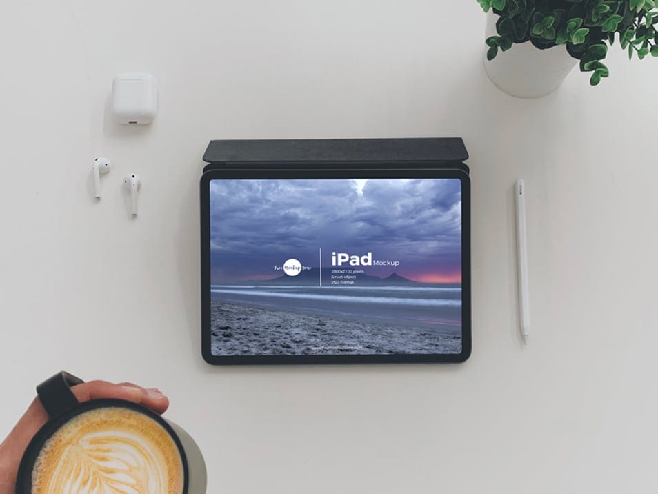Free Top View Coffee With iPad Mockup