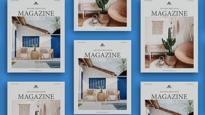 Free Top View Grid Cover Magazine Mockup