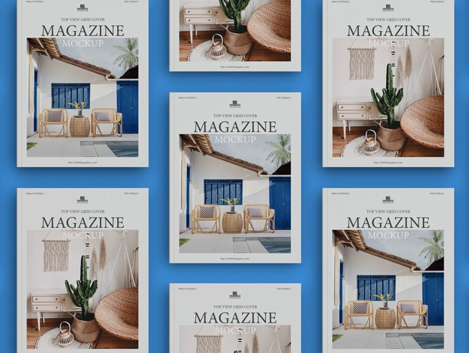 Free Top View Grid Cover Magazine Mockup