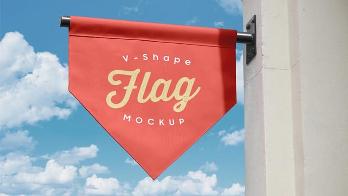 Free Vertical V-Shape Hanging Flag Banner Logo Mockup PSD