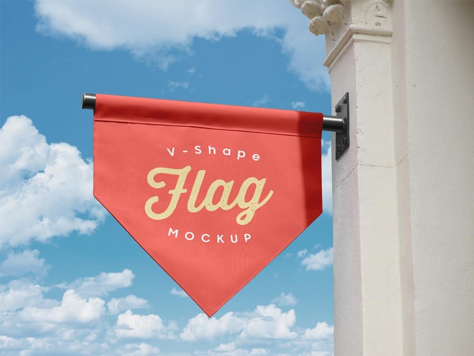 Free Vertical V-Shape Hanging Flag Banner Logo Mockup PSD