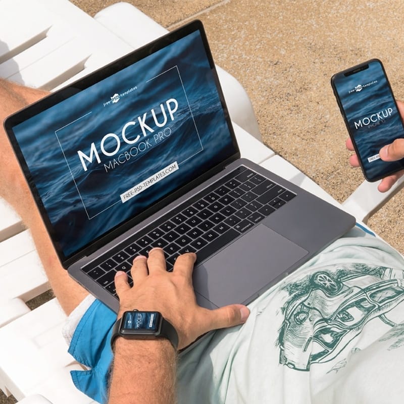3 Free MacBook Pro / iPhone XS / Apple Watch Mock-ups in PSD