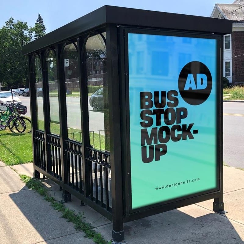Free Bus Stop Advertising Signage on Sidewalk Mockup PSD