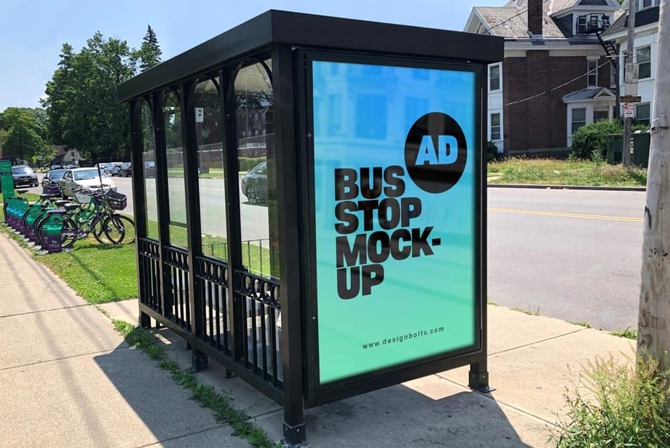 Free Bus Stop Advertising Signage on Sidewalk Mockup PSD