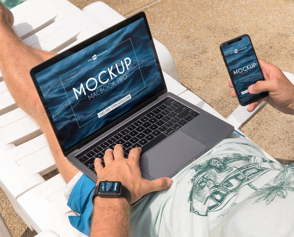 3 Free MacBook Pro / iPhone XS / Apple Watch Mock-ups in PSD