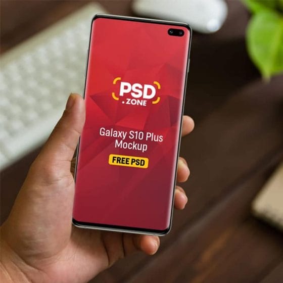 Galaxy S10 Plus in Hand Mockup PSD