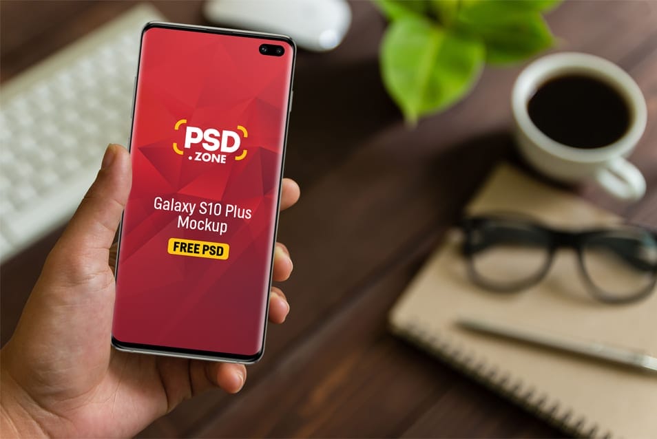Galaxy S10 Plus in Hand Mockup PSD