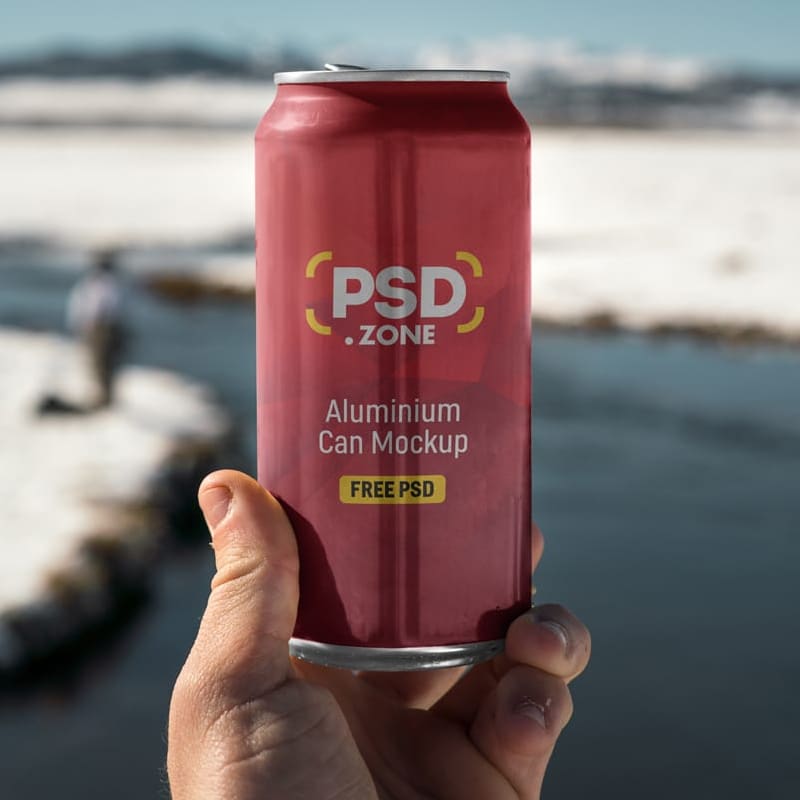 Hand Holding Aluminum Can Mockup PSD