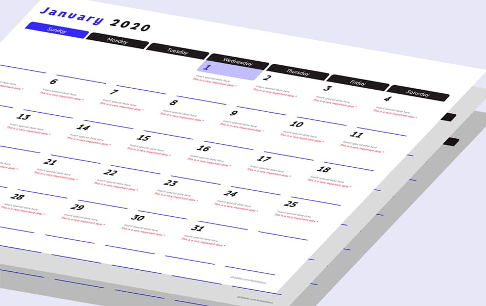 Year 2020 Calendar Template
