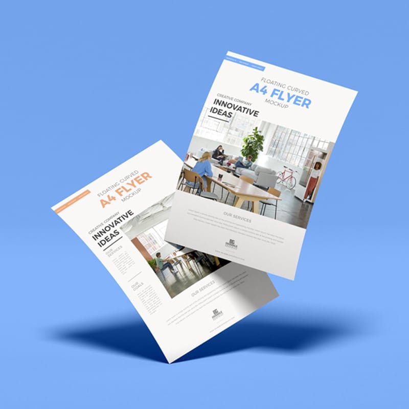Free Floating Curved A4 Flyer Mockup