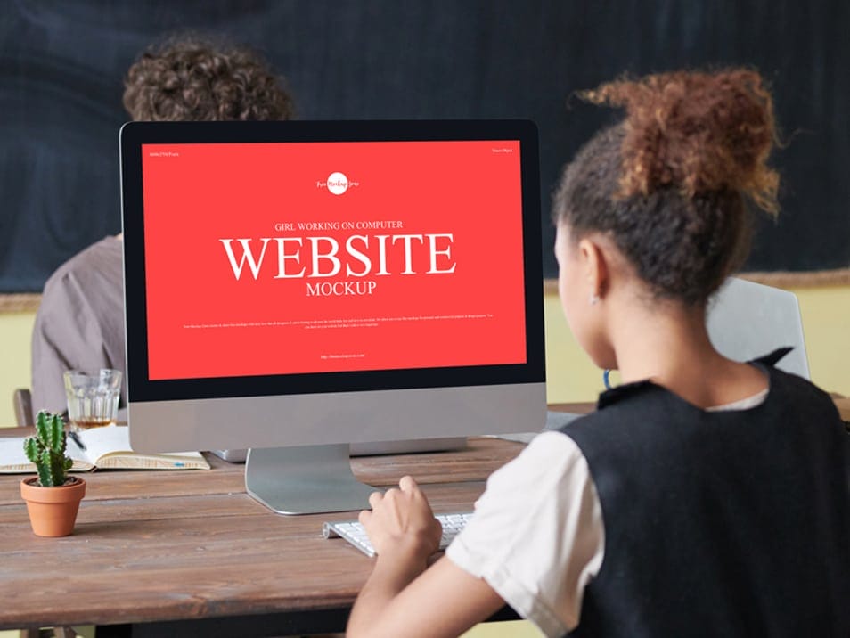 Free Girl Working on Computer Website Mockup