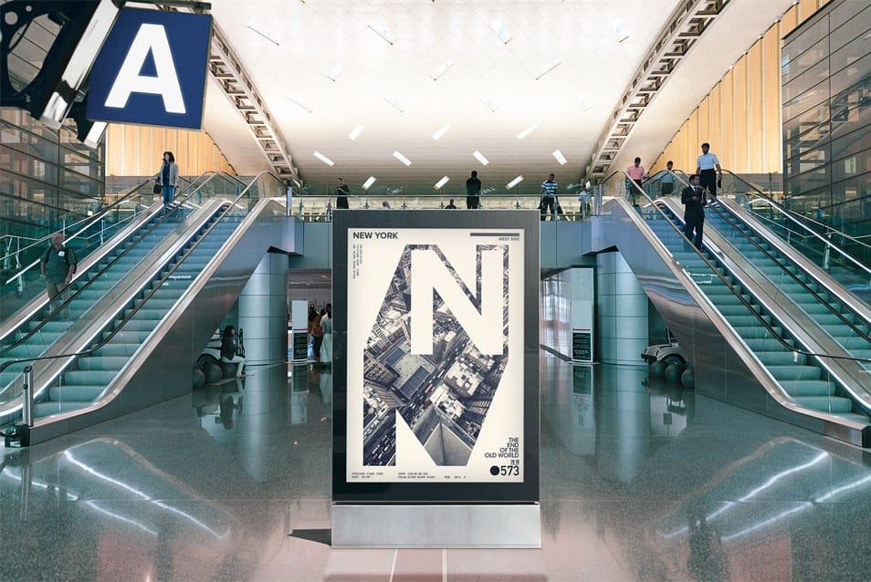 Free Realistic Mall Standing Billboard PSD Mockup