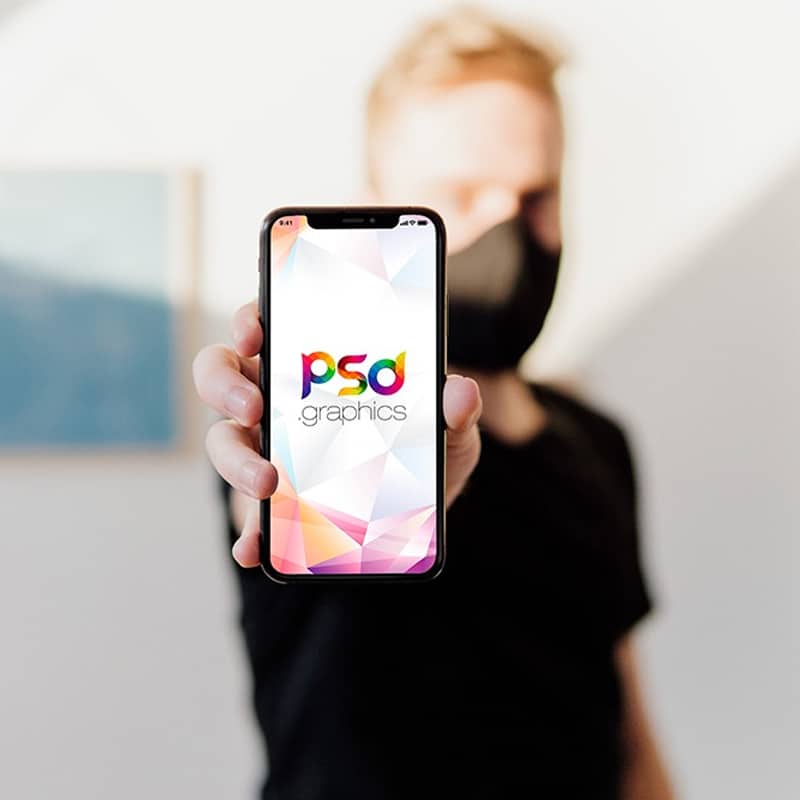 Masked Man Holding iPhone Mockup