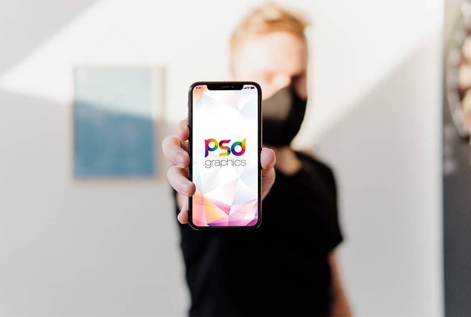 Masked Man Holding iPhone Mockup