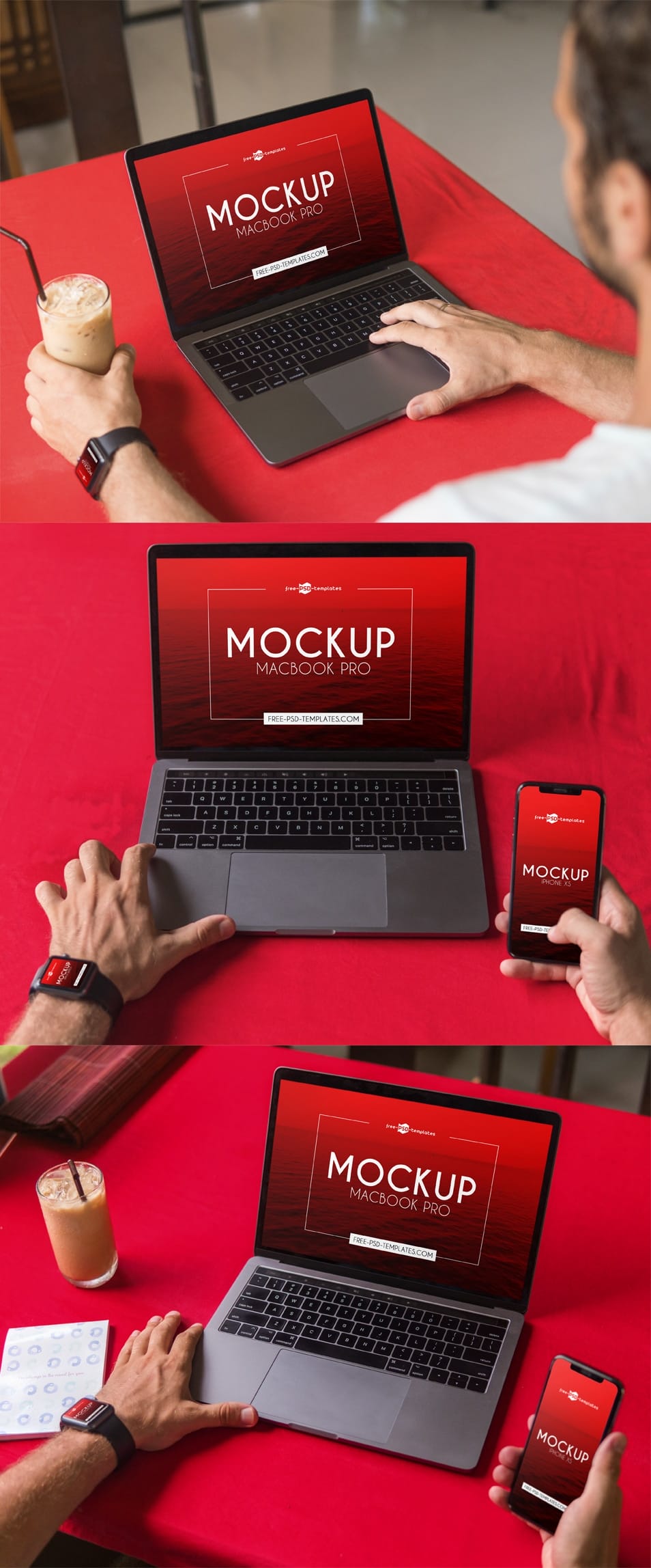 3 Free MacBook Pro / iPhone XS / Apple Watch v02 Mock-ups in PSD