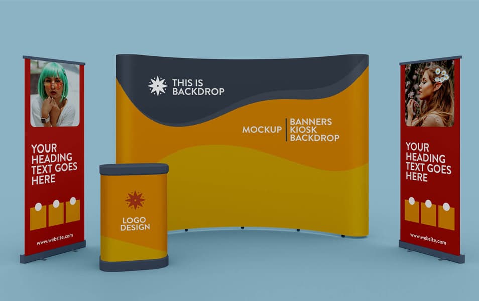 Free Exhibition Standing Banner, Kiosk & Backdrop Mockup PSD