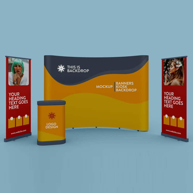 Free Exhibition Standing Banner, Kiosk & Backdrop Mockup PSD