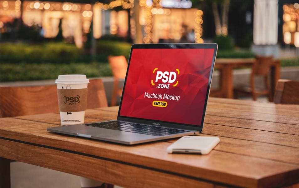 Macbook with Paper Coffee Cup Mockup