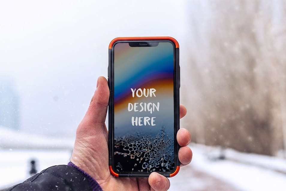 iPhone in Hand Winter Mockup
