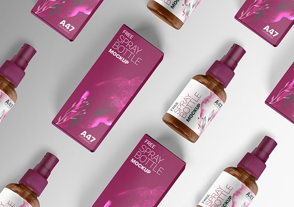 Free Spray Bottle With Box Mockup