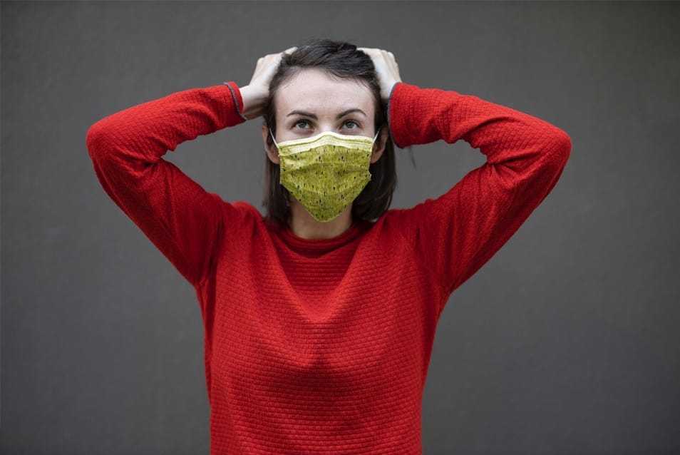 Mask Mockup With Young Woman in Red Sweater