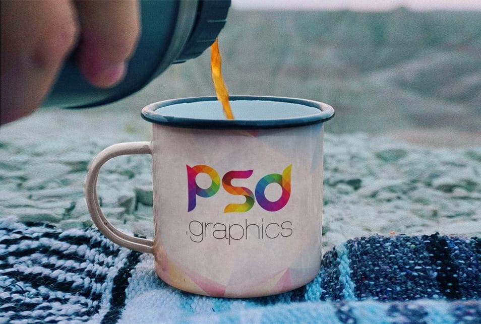 Pouring Coffee into Enamel Mug Mockup