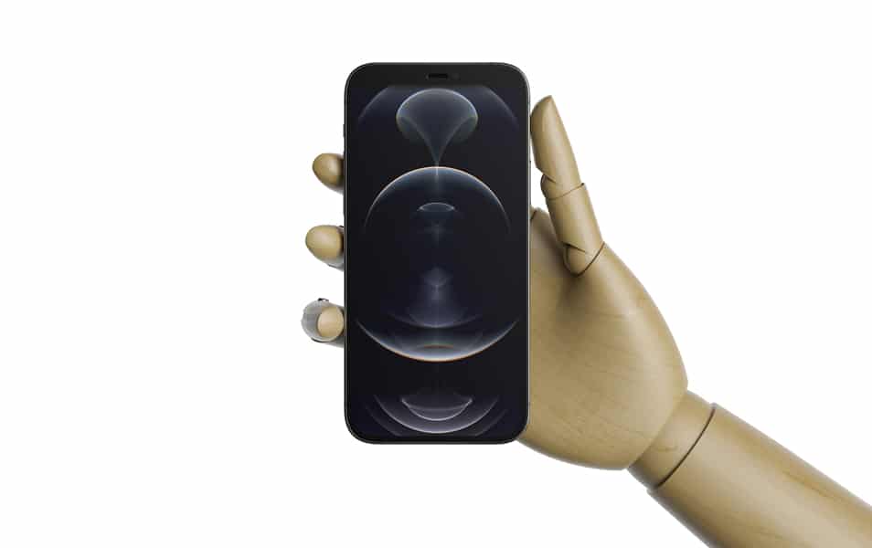 Wooden Hand Holding iPhone 12 Pro Mockup