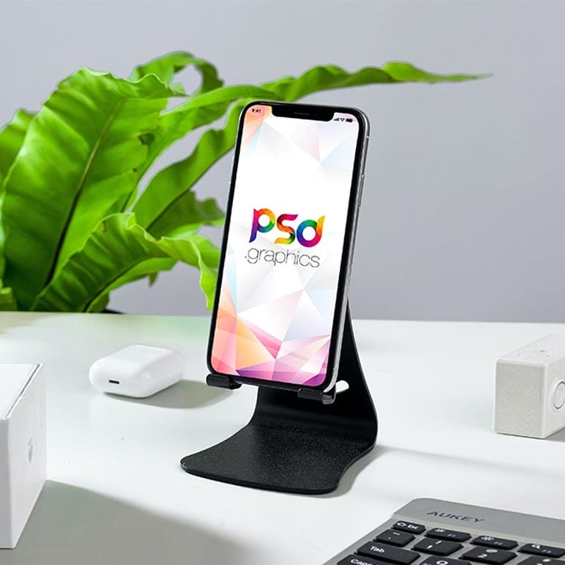 iPhone on Mobile Stand Mockup PSD