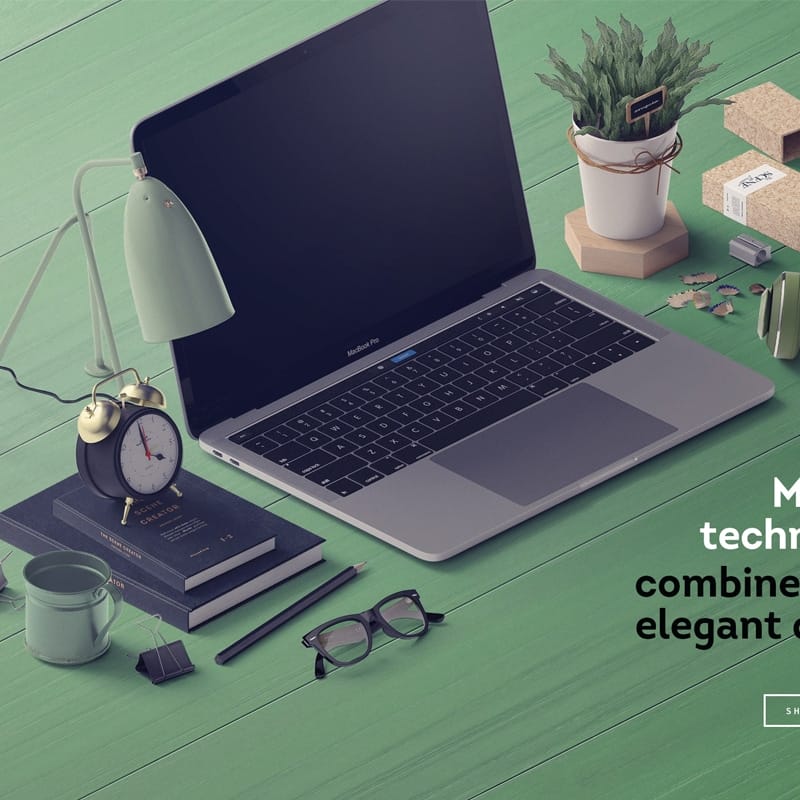 Device On Table With Many Items Mockup Isometric