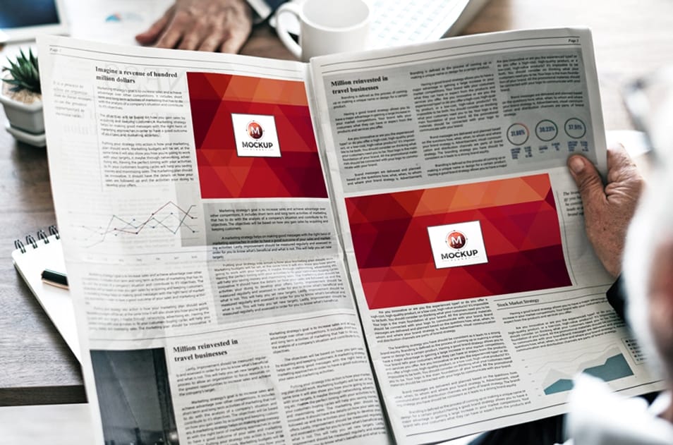 Free Man Reading Multiple Ads Newspaper Mockup