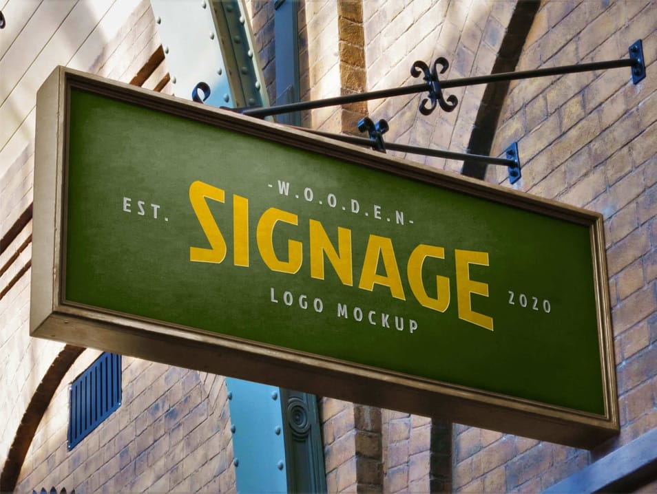 Free Rectangle Wall Mounted Wooden Signage Mockup PSD
