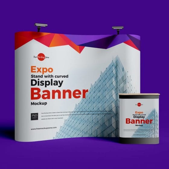Free Expo Stand With Curved Display Banner Mockup