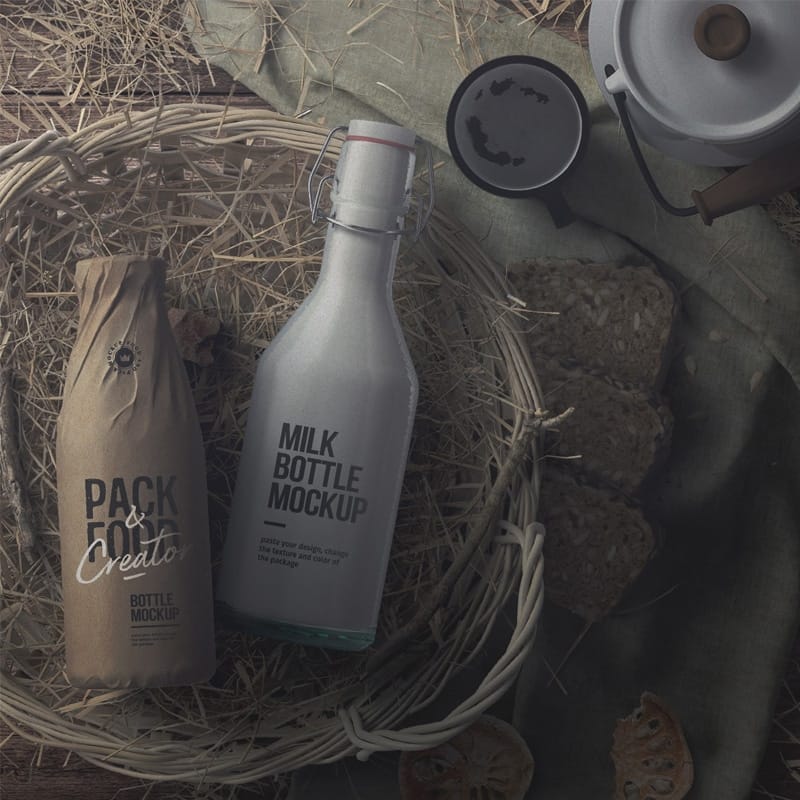 Milk Bottles In A Basket With Hay Mockup