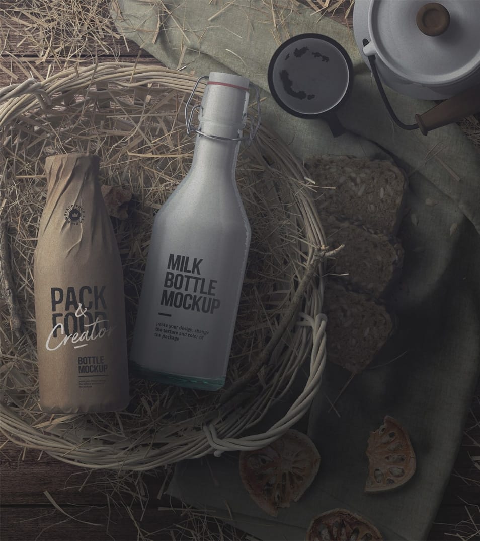 Milk Bottles In A Basket With Hay Mockup
