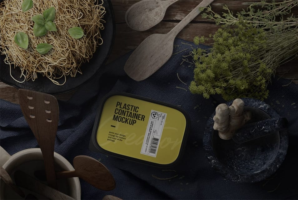 Pasta Preparation And Plastic Container Mockup Top View